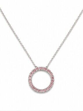 Dainty Pink Crystal Circle Pendant Necklace Silver Tone Minimalist Open Halo